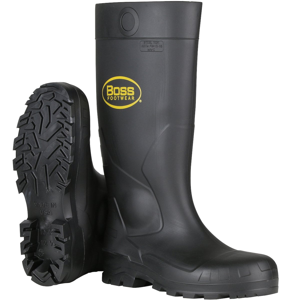 A pair of dark gray PVC boots from PIP - Protective Industrial Products, with one boot standing upright and the other leaning against it to reveal a deep tread pattern on the sole. These Boss Footwear 383-820 safety boots feature a steel toe and midsole, along with a yellow "Boss Footwear" logo on the sides, providing durable abrasion resistance.