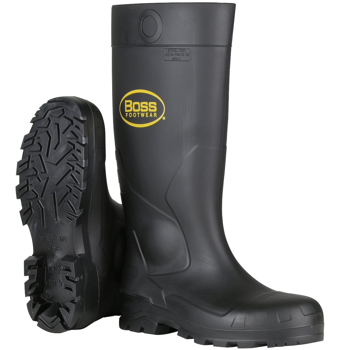 A pair of PIP Boss Footwear 16" Black PVC Plain Toe Boots by Protective Industrial Products highlights the slip-resistant design with their rugged soles. One boot is positioned upright, and the other is angled to display its tread pattern. The waterproof boots feature the yellow "Boss Footwear" logo prominently on the side.