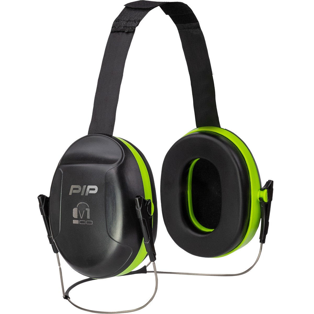 The PIP - Protective Industrial Products V1 Ear Muff with Neckband 263-V1NB is designed with black and green colors and features the "PIP" logo on the ear cups. These earmuffs, equipped with a neckband instead of a traditional headband, provide NRR 23 hearing protection, making them ideal for bustling environments.