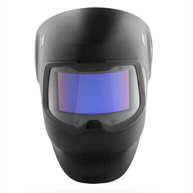 A black 3M Speedglas Welding Helmet G5-02 Complete Helmet Assembly with a reflective blue face shield and advanced 3M technology, viewed head-on against a plain backdrop.