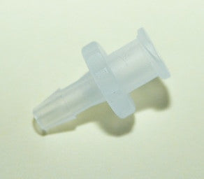 A RAE Systems Female Luer connector (model 400-0072-025), made of translucent plastic, is displayed against a light background. This connector includes a barbed end and a flared rim, making it suitable for tubing or fluid transfer.