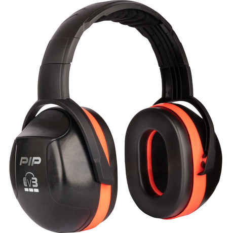 Introducing the PIP V3 Ear Muff with Adjustable Headband—263-V3HB. These black and orange earmuffs proudly showcase the "PIP" logo on the side. They feature memory foam ear cushions for added comfort and deliver outstanding protection with a noise reduction rating (NRR) of 29, ensuring maximum safety. Designed by PIP - Protective Industrial Products, these passive ear muffs are a reliable choice for noise cancellation needs.