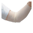 A person wearing an Allegro Arm Sock from Allegro, often referred to as a beige compression elbow sleeve, on their bent arm. This textured design seamlessly extends from mid-arm to forearm over a light-colored shirt, expertly combining function and style.