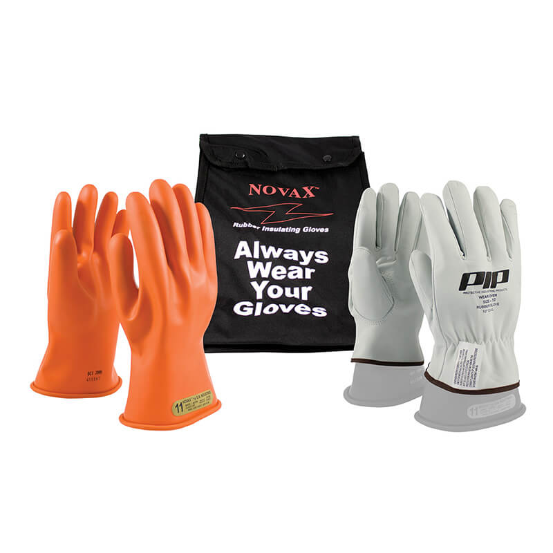 The PIP NOVAX Class 0 Electrical Safety Kit includes a set of safety gloves ideal for electrical work protection, featuring both an orange pair and a gray pair. The gloves are neatly packed in a black bag adorned with the phrase "Always Wear Your Gloves," providing you with essential rubber insulating gloves.