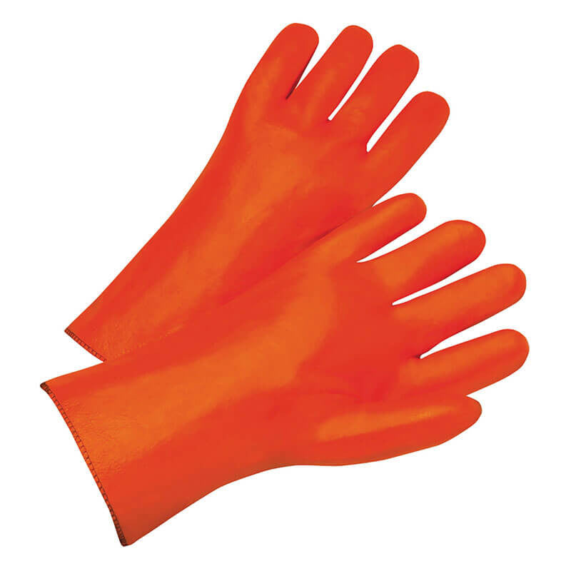 The PIP PVC Dipped Smooth Gloves with Insulated Foam Liner 1027OR, from Protective Industrial Products, are shown against a plain white background. These hi-vis orange gloves are laid flat with splayed fingers, highlighting their texture and shine, making them ideal for protection or cleaning tasks.