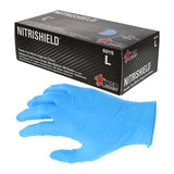 A blue MCR Safety Memphis Nitrishield 6015 nitrile glove is shown before a black box labeled "NITRISHIELD," containing large, powder-free, disposable gloves (sold in 10-box packs) designed for chemical resistance and single use.