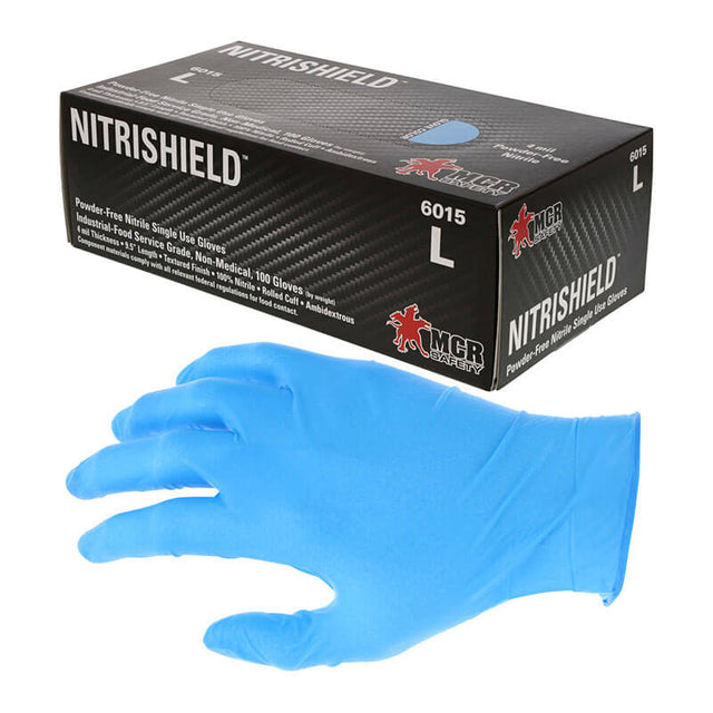 A blue MCR Safety Memphis Nitrishield 6015 nitrile glove is shown before a black box labeled "NITRISHIELD," containing large, powder-free, disposable gloves (sold in 10-box packs) designed for chemical resistance and single use.