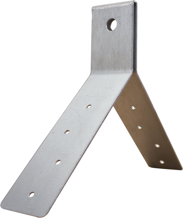 A close-up view of the French Creek Disposable Bracket Roof Anchor 1720 by French Creek Production showcases its L-shaped design, featuring a hole at the top and several smaller holes along its sides. It is commonly paired with a carabiner for fall protection or serves as a roof anchor, and it has a plain, metallic finish.