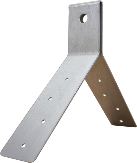 A close-up view of the French Creek Disposable Bracket Roof Anchor 1720 by French Creek Production showcases its L-shaped design, featuring a hole at the top and several smaller holes along its sides. It is commonly paired with a carabiner for fall protection or serves as a roof anchor, and it has a plain, metallic finish.