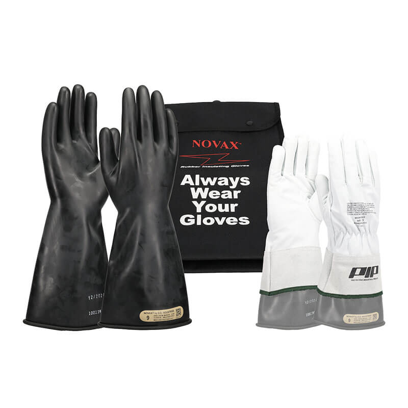 The PIP NOVAX Class 0 Electrical Safety Kit 150-SK-0 includes black rubber and white-gray cuffed gloves shown before a "NOVAX Always Wear Your Gloves" pouch—an essential for any OSHA-compliant electrical safety kit.