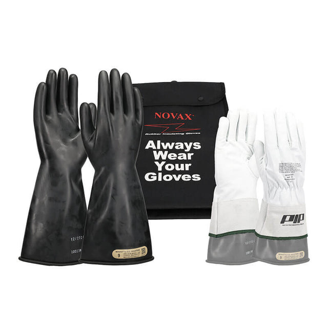 The PIP NOVAX Class 0 Electrical Safety Kit 150-SK-0 includes black rubber and white-gray cuffed gloves shown before a "NOVAX Always Wear Your Gloves" pouch—an essential for any OSHA-compliant electrical safety kit.