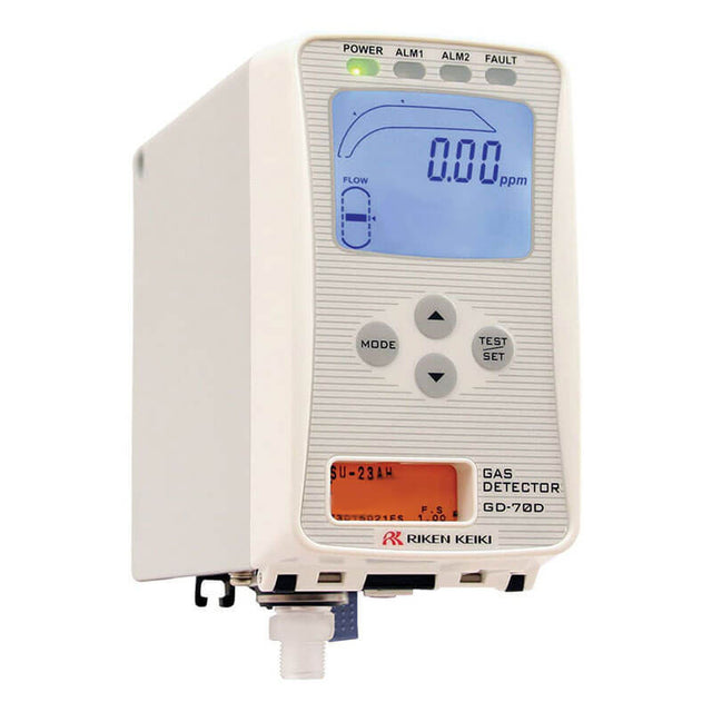 The RKI Instruments GD-70D gas detector offers intelligent gas monitoring with a digital display that reads "0.00 ppm." It features buttons for mode, test, and settings, as well as indicators for power, alarm, and fault. Its compact design includes a bottom sensor module with hot-swappable sensors. This model supports O2 detection from 0-100% LEL and includes Ethernet and 4-20 mA capabilities.