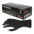 A box labeled "MCR Safety NitriShield Stealth Extra Gloves 6062" (size large) sits next to a single upright black powder-free glove. The box displays the MCR Safety logo and product details. Ten boxes are included per purchase.