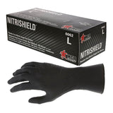 A box labeled "MCR Safety NitriShield Stealth Extra Gloves 6062" (size large) sits next to a single upright black powder-free glove. The box displays the MCR Safety logo and product details. Ten boxes are included per purchase.