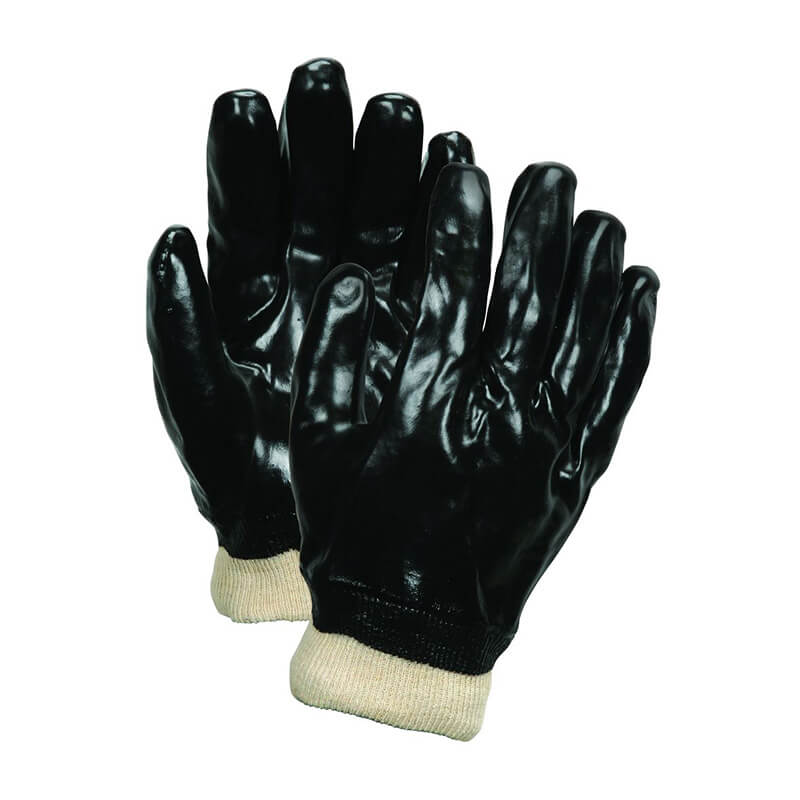 A pair of MCR Safety Economy Single-Dipped PVC Gloves 6100, featuring black chemical-resistant construction with beige fabric cuffs, arranged on a plain background. One glove is displayed face up and the other face down, highlighting the durable design of these shiny PVC gloves.
