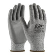 A pair of gray PIP PolyKor Blended Polyurethane Coated Gloves 16-150, featuring polyurethane-coated palms and black text on the back, designed by Protective Industrial Products for mechanical hazard protection. The seamless knit construction provides enhanced flexibility and grip. The gloves are displayed with palms facing forward and slightly angled.