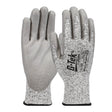 The PIP G-Tek PolyKor Blended Gloves 16-530 are grey, with polyurethane-coated, textured palms to enhance grip. This product by PIP - Protective Industrial Products provides cut resistance and wrist coverage, making it suitable for industrial or protective use.