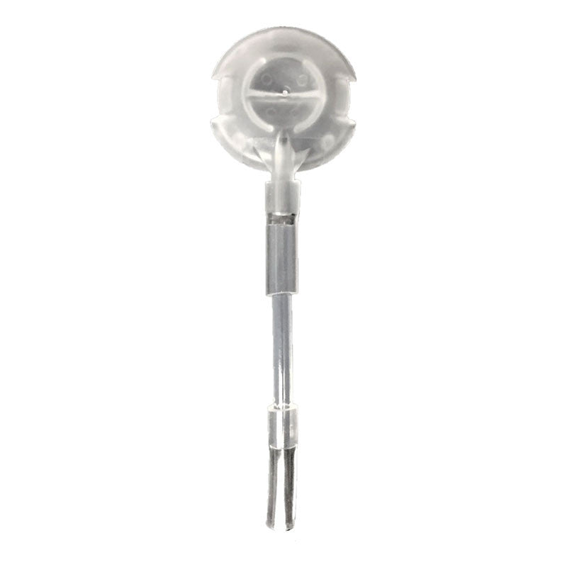 A close-up of a clear plastic and metal medical device, possibly an infusion set or catheter, with a circular adhesive pad at the top and a thin tube extending downward, reminiscent of the precision seen in mPower Electronics' mPower Calibration Adapter with Tubing M001-3003-000 designs.