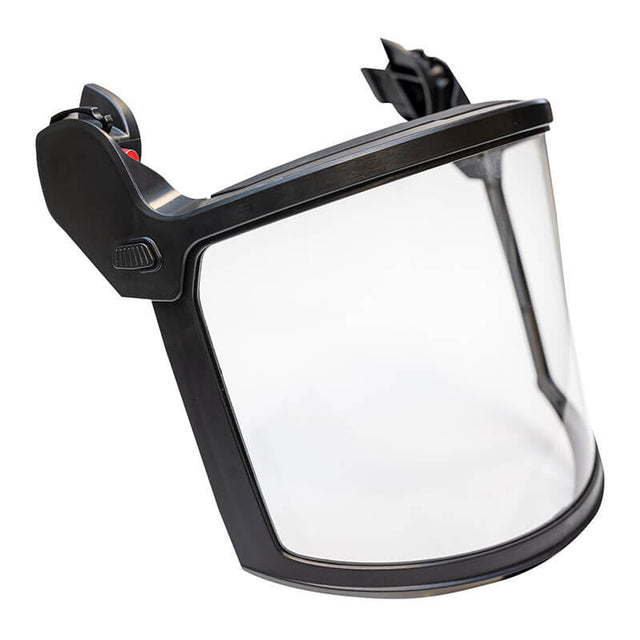 The PIP Traverse Clear Polycarbonate Face Shield Set 251-HP1491PFS by Protective Industrial Products features a clear face shield with a black plastic frame and adjustable headgear, designed for personal protection. Its wide polycarbonate visor meets ANSI Z87.1+ standards to cover the face, providing superior protection from debris and splashes.