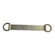 The French Creek Permanent Roof Anchor with Double D-Ring 1740 by French Creek Production features a metallic strap with multiple oval holes and rounded ends, designed with two large circular metal rings on each side. The slightly worn surface suggests its importance in fall protection, and small screws near the ends secure this essential roof anchor system.