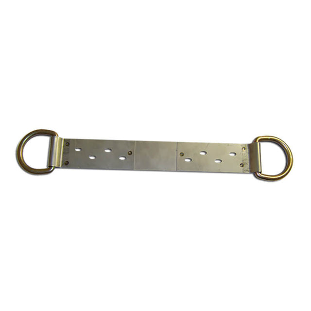 The French Creek Permanent Roof Anchor with Double D-Ring 1740 by French Creek Production features a metallic strap with multiple oval holes and rounded ends, designed with two large circular metal rings on each side. The slightly worn surface suggests its importance in fall protection, and small screws near the ends secure this essential roof anchor system.
