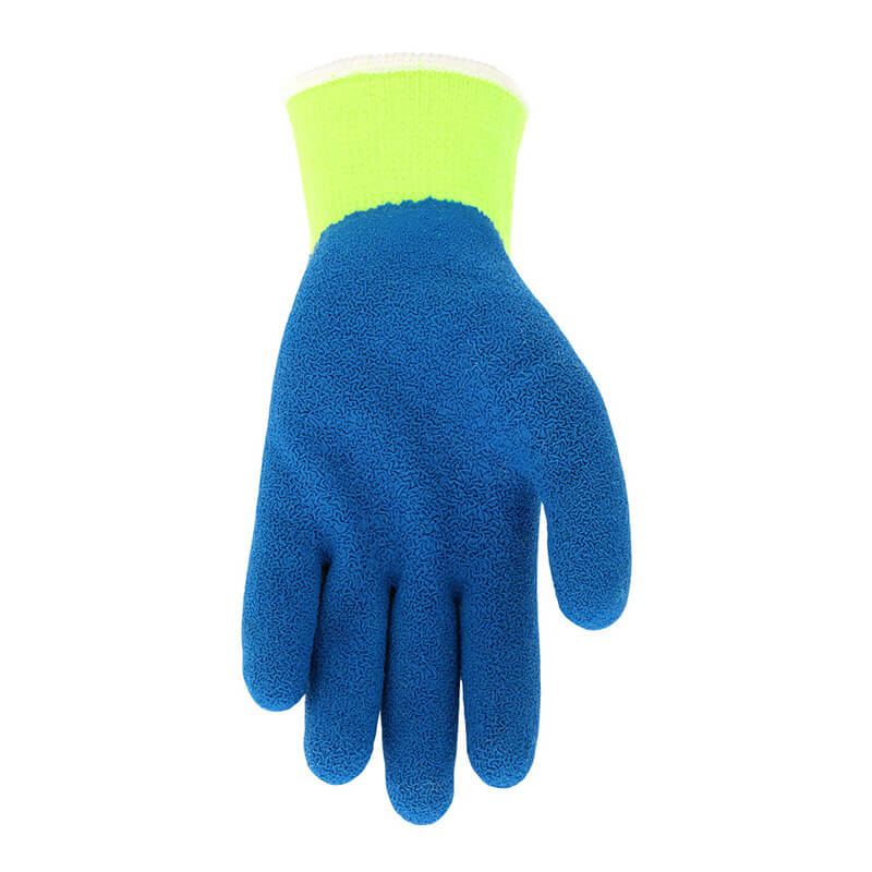 A blue textured MCR Safety NXG Insulated Hi-Vis Work Glove 9690Y with a bright yellow cuff, shown palm down on a white background. Sold in packs of 12 pairs.
