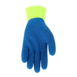 A blue textured MCR Safety NXG Insulated Hi-Vis Work Glove 9690Y with a bright yellow cuff, shown palm down on a white background. Sold in packs of 12 pairs.