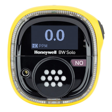 The BW Honeywell BW Solo Wireless Gas Detector NO BWS1-N-Y is a handheld device with a vibrant yellow casing and a digital display. The screen indicates nitric oxide levels by showing "0.0 PPM" next to "NO." Equipped with easy-to-use navigation buttons and a designated sensor area, it seamlessly integrates with the Safety Suite software for improved monitoring and safety management.