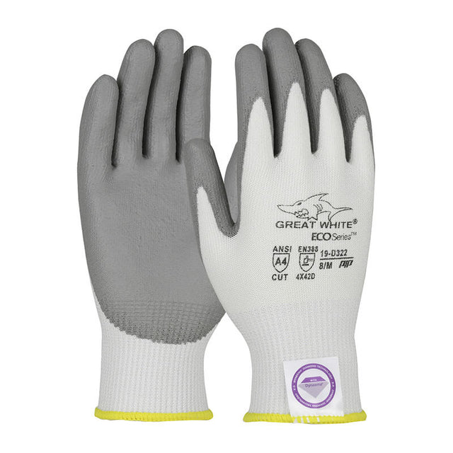 The G-Tek 3GX Great White Dyneema Gloves 19-D322, by PIP - Protective Industrial Products, feature gray palms and white backs and incorporate Dyneema Diamond Technology. With "Great White 3GX" displayed on the back, these gloves provide exceptional cut resistance and durability. They are available in packs of 12 pairs.