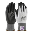 Displayed are the G-Tek 3GX Dyneema White Gloves 19-D324 by PIP - Protective Industrial Products, featuring a polyurethane-coated palm for enhanced grip. These gloves have black palms and fingers, a gray back with an elastic cuff, and incorporate Dyneema Diamond Technology for increased cut resistance. The brand logo and safety ratings are printed on the back.