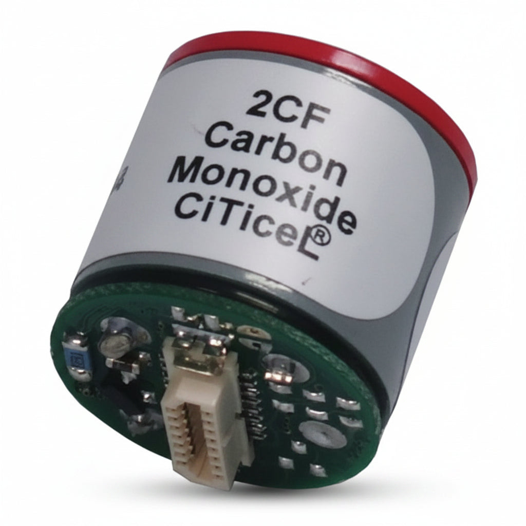 A cylindrical CO sensor labeled “GfG CO Replacement Sensor 0 - 500 ppm 1990705” by GfG, featuring an exposed circuit board and connector at the base, set against a white background—ideal as a replacement sensor for your carbon monoxide detector.