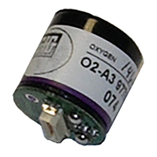 A cylindrical GfG O2 Replacement Sensor 0 - 25% vol. 1990716, featuring a label marked “O2-A3,” metallic connectors at the base, and a black, white, and purple color scheme, is displayed at an angle against a white background. Manufactured by GfG, this oxygen sensor is ideal as a gas detector sensor for precise monitoring applications.