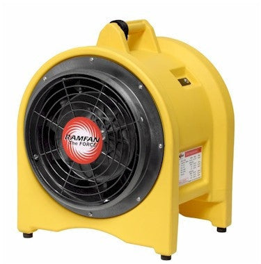 A yellow RamFan UB30 Confined Space Blower and Exhauster EJ4002, featuring a black grille and a prominent red Euramco logo on the front. Designed with a compact, sturdy build and curved handle, this high-performance ventilator is perfect for confined space ventilation.