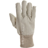 A pair of MCR Safety Cotton Canvas Work Gloves 8100C in beige is displayed upright. The words "MCR SAFETY 2012" are printed vertically on the palm side, indicating these gloves are built for durability and protection.