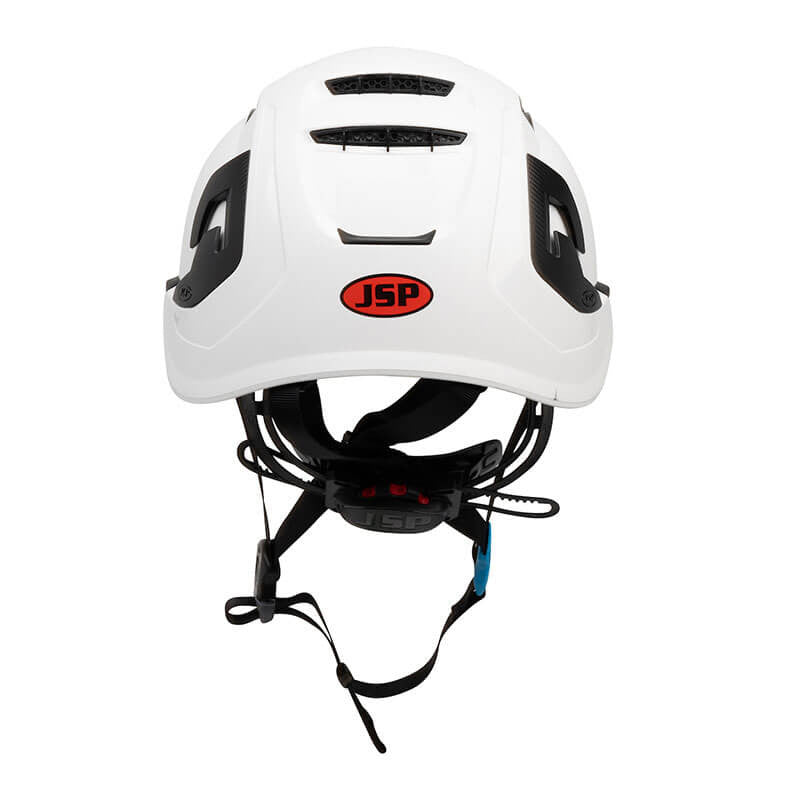 PIP EVO ALTA Ascend Type II Non-Vented Helmet (280-EVOALT) by Protective Industrial Products, shown from a front angle, is a white and black climbing helmet with an ABS shell and adjustable straps.