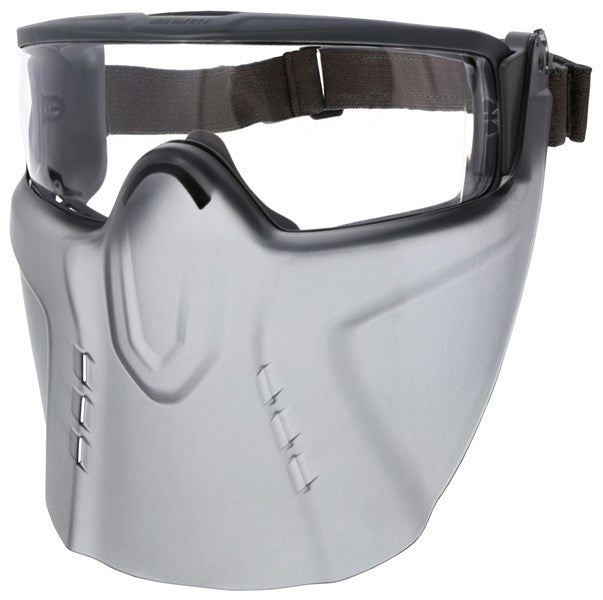 The MCR Safety Hydroblast HB4 Goggle and Face Shield (HB4S110AF) in gray includes clear, anti-fog goggles and comes with an adjustable strap. This full-face protective mask is perfect for dielectric construction environments, completely covering the face and featuring vent-like designs on its lower half.