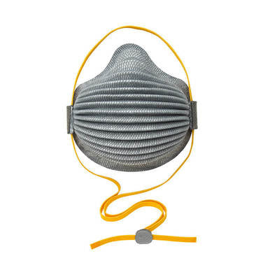 The Moldex 4800 Airwave N95 Plus Relief From Organic Vapors mask is displayed with a gray, textured surface and yellow elastic straps. This respirator includes pleated layers for filtration and an adjustable nose bridge, providing protection against dust and particles.