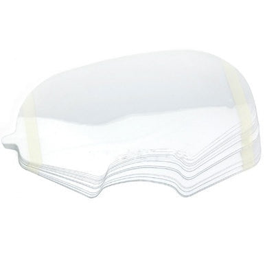 A package of 25 Allegro Full-Face SAR Mask Lens Protectors 9901-25, featuring clear, curved plastic covers with a tab on one side, commonly used to protect helmet visor face shields.