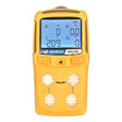 The mPower Electronics MUNI MP420 LEL/O2-LF/SO2/H2S Gas Detector MP42-20222-100, in its yellow casing, features a digital screen that shows essential readings for worker safety, such as hydrogen sulfide and oxygen levels. It has navigation buttons placed conveniently below the screen, making it suitable for use in hazardous environments.