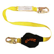 The French Creek 6ft Shock Absorbing Lanyard with U-RES-Q R490A by French Creek Production is a yellow lanyard that includes metal hooks on each end. One end has a transparent label, while the other features a black protective cover with orange lettering.