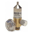 The MSA Fixed Flow Regulator 467895, made of brass and marked for "0.25 liters/min," includes a pressure gauge with a clear cover on the left and an adjustable valve featuring a knurled knob on the right. Engineered for precise flow regulation, it is perfect for use with calibration gas in multigas detector systems.