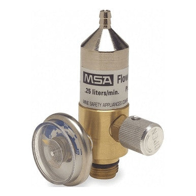 The MSA Fixed Flow Regulator 467895, made of brass and marked for "0.25 liters/min," includes a pressure gauge with a clear cover on the left and an adjustable valve featuring a knurled knob on the right. Engineered for precise flow regulation, it is perfect for use with calibration gas in multigas detector systems.