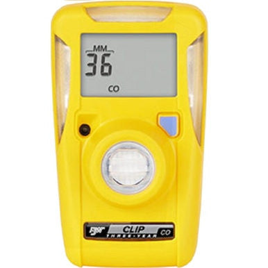 A BW Honeywell BW Clip 3 Year CO Single Gas Detector BWC3-M in yellow, displaying "36" on its screen, is used to measure carbon monoxide (CO) levels. This maintenance-free device includes buttons and a circular sensor beneath the display for reliable performance.