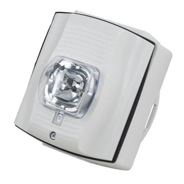 A white RKI electronic strobe device with a clear, central component is mounted on a rectangular base. The SpectrAlert design offers a sleek and modern appearance, featuring subtle grooves on the surface.