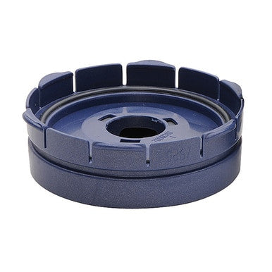 A Moldex product, the 7920 Filter Disk Piggyback Adapter, resembles a dark blue plastic circular object with evenly spaced raised sections around its edge. Its design includes a circular opening and an indented groove at the center, similar to a lid or part of a respirator.