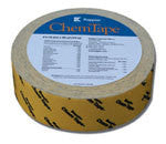 A roll of Kappler ChemTape from the Kappler ChemTape - 24-Roll Case showcases brown and black patterns on the side, offering essential chemical protection. The label on top displays product information set against a striking blue background, combining functionality with visual appeal.