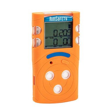 The AimSafety O2/LEL Multi Gas-Monitor PM400-P2G is a durable gas detector featuring a digital display with numerical readings. It has four white control buttons beneath the screen and uses a Catalytic Bead LEL sensor for accurate gas detection.