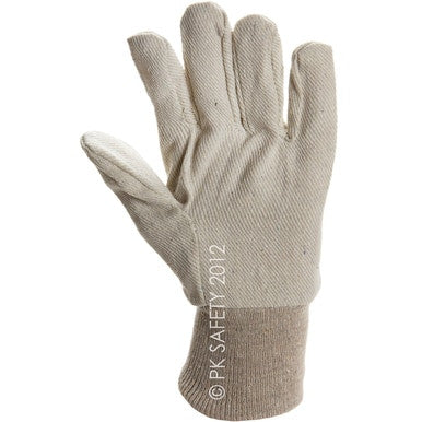 The MCR Safety Cotton Canvas Work Glove 8100C is showcased upright against a white background. Featuring a beige cotton canvas fabric and gray elastic cuff, this glove from MCR Safety provides dependable hand protection for various general-purpose tasks.