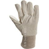 The MCR Safety Cotton Canvas Work Glove 8100C is showcased upright against a white background. Featuring a beige cotton canvas fabric and gray elastic cuff, this glove from MCR Safety provides dependable hand protection for various general-purpose tasks.