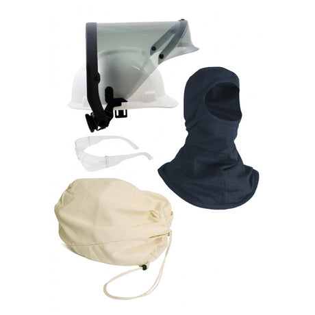 The NSA 12 Cal Pureview Faceshield Kit KITHP12PV includes an UltraSoft flame-resistant balaclava, a transparent face shield attached to a white hard hat, clear safety goggles, and a beige dust cover bag. This arc flash head protection ensemble ensures safety without compromising on comfort or visibility.